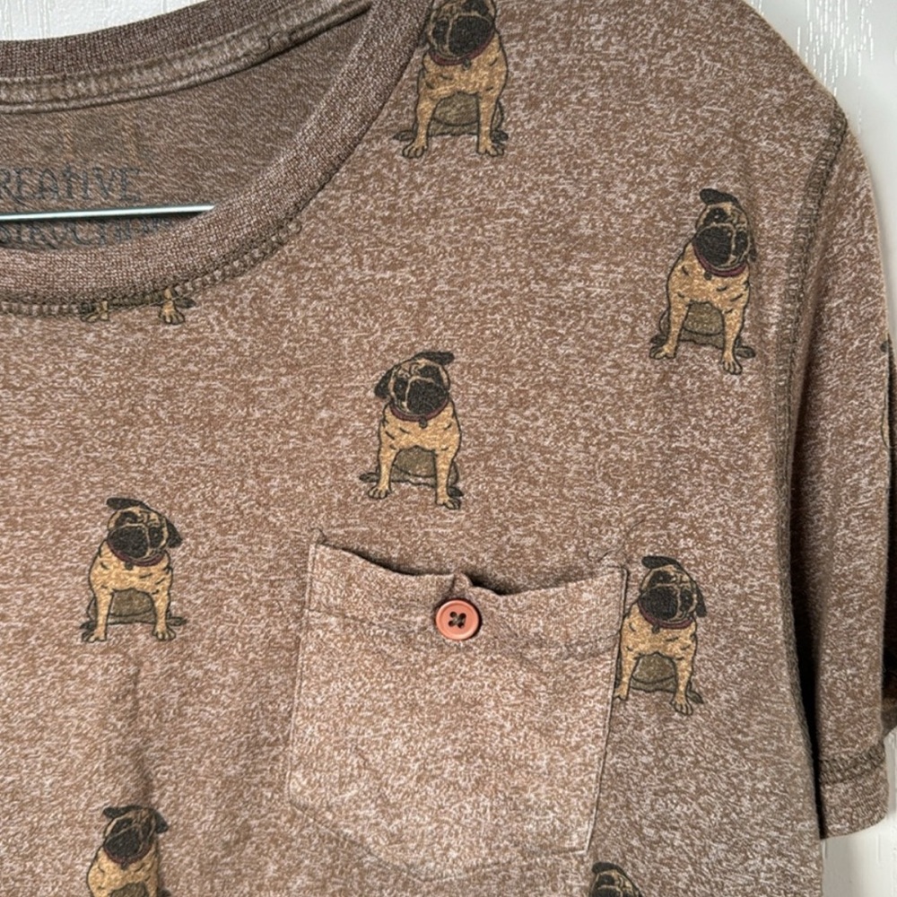 Pug T Shirt Creative Destruction Men's XL Brown Dog Print All Over pocket
